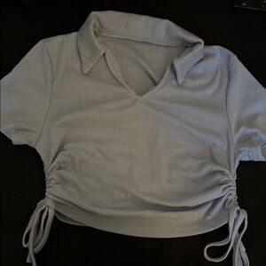 Blue Ruched Crop Blouse with Polo Collar